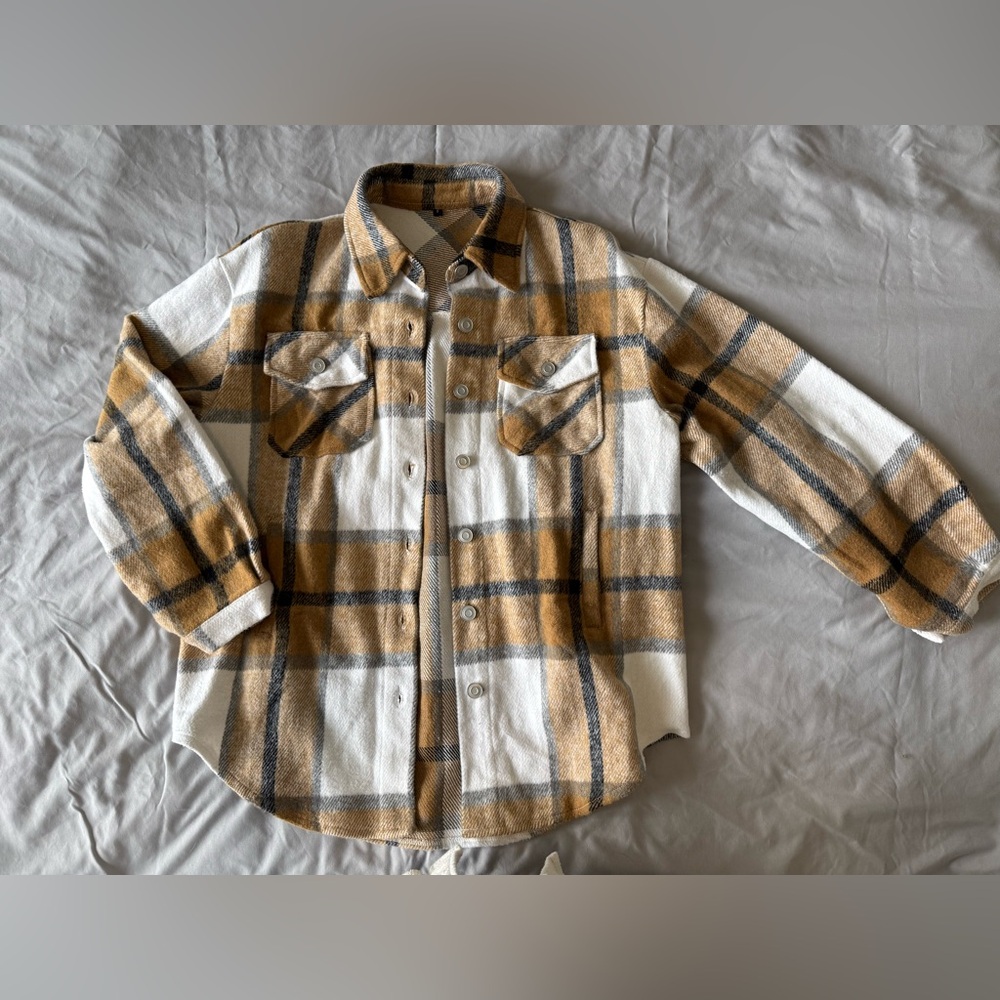 Plaid Button Down Shirt - Tan and White